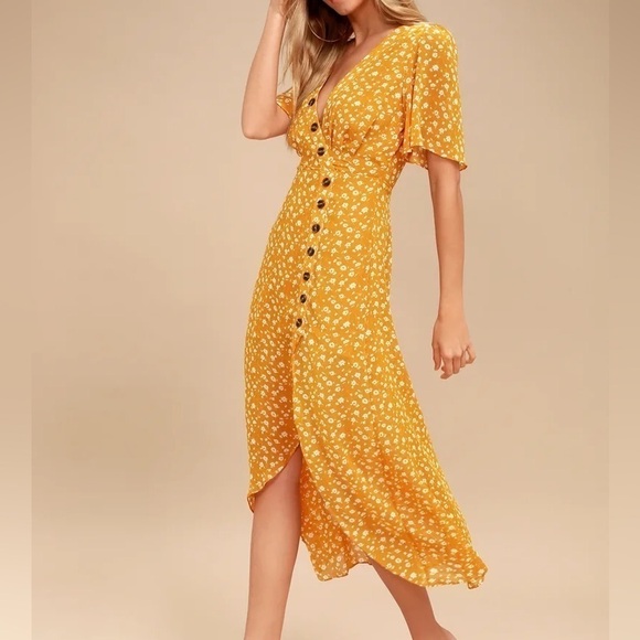 Lulu’s After-Bloom Delight Golden Yellow Floral Print Midi Dress size XS - Picture 1 of 10